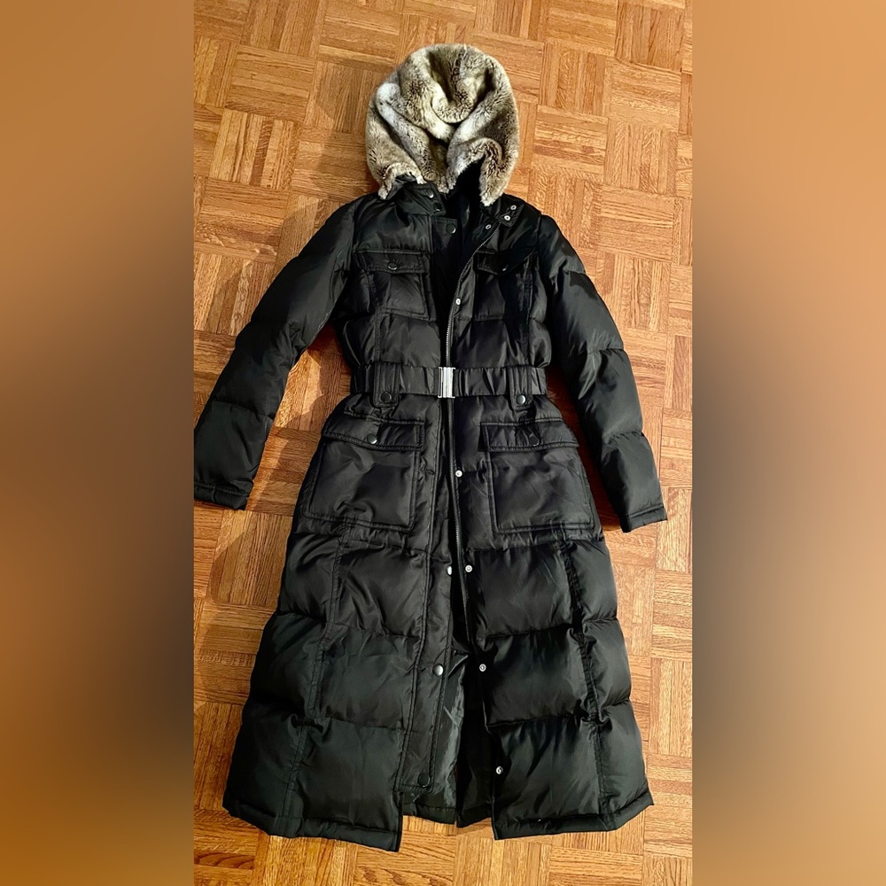 Belted Long Feather Fill Puffer Coat